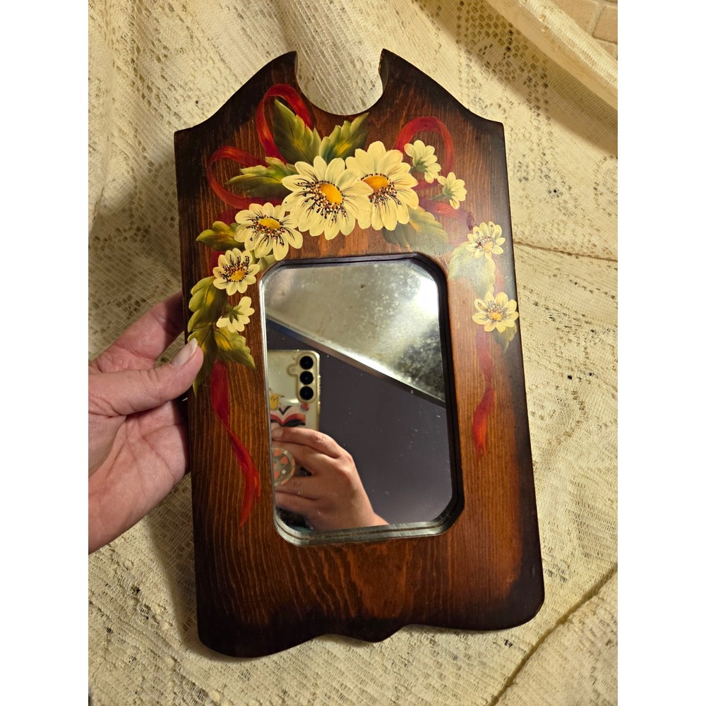 Wood Framed Hand-Painted Floral Accent Daisy Mirror Rectangle Wall Mount 12 in